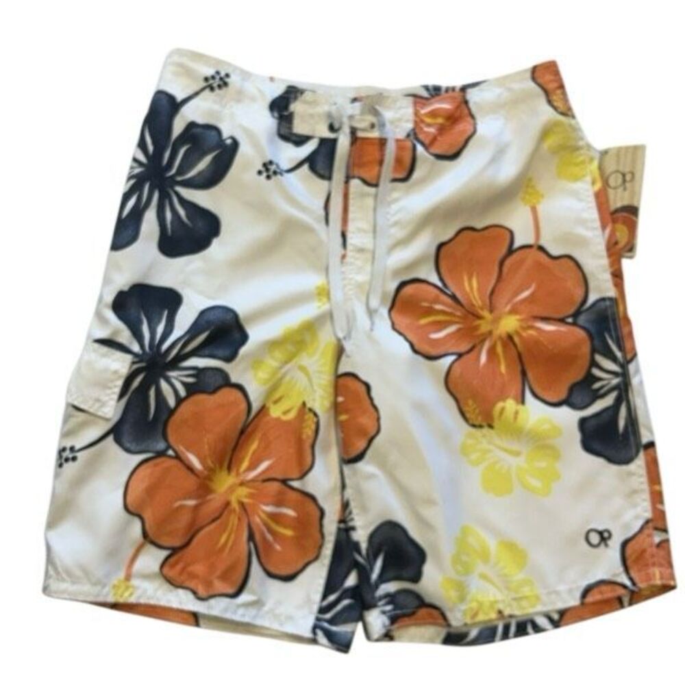 OP Ocean Pacific Men Size L 36-38 Orange Blue Floral Hibiscus Swim Trunks NWT